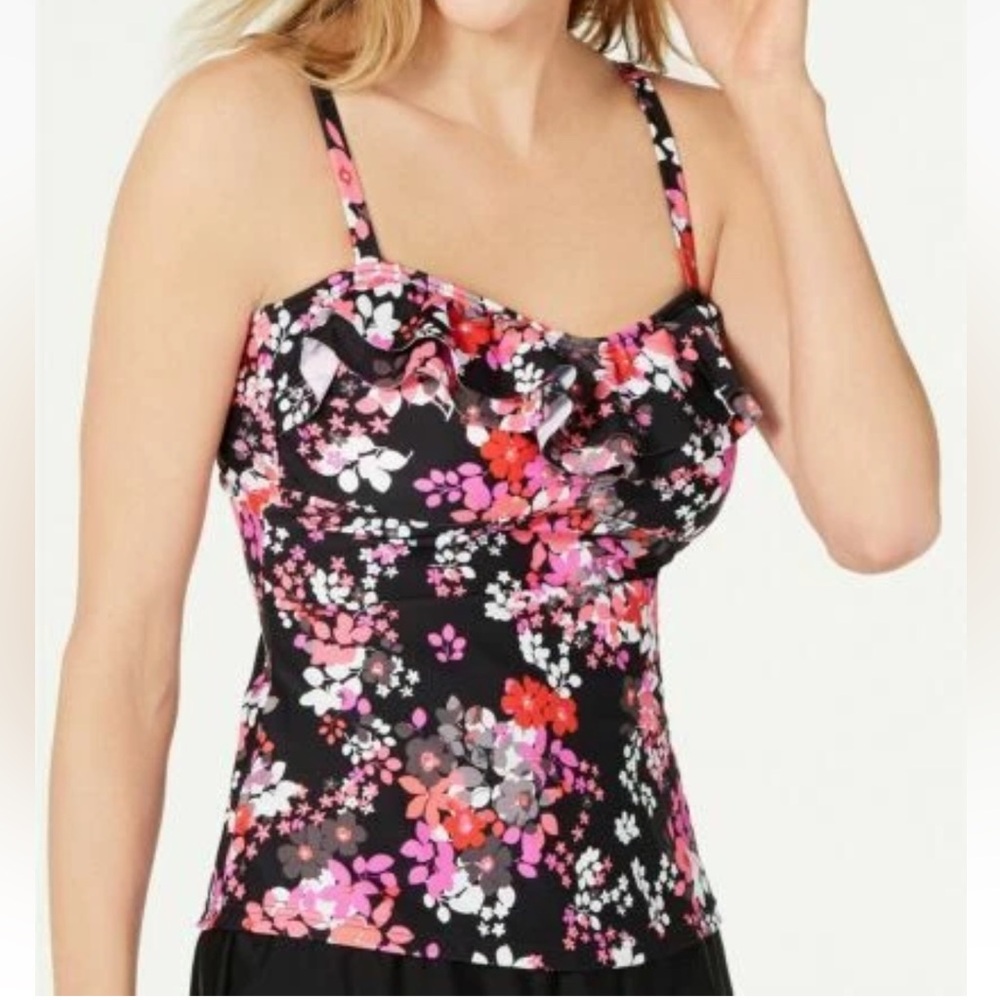 NWT Island Escape Tankini Top Sz 16 Ditzy‎ Daze Floral Black Wide Strap Ruffle